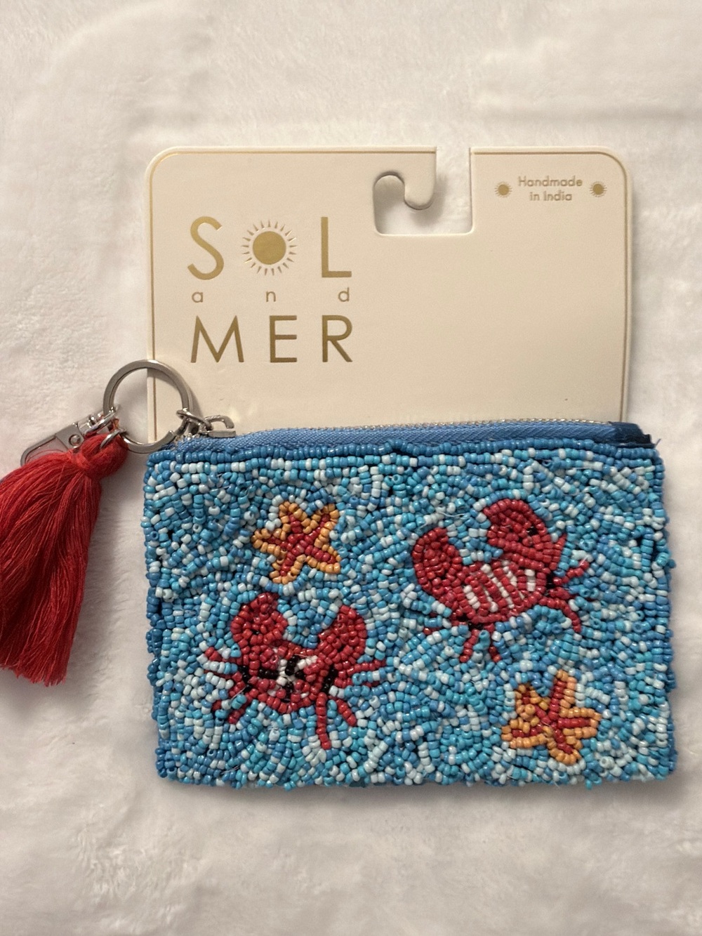 SOL and MER Blue Beaded Crab Coin Pouch with Red Tassel